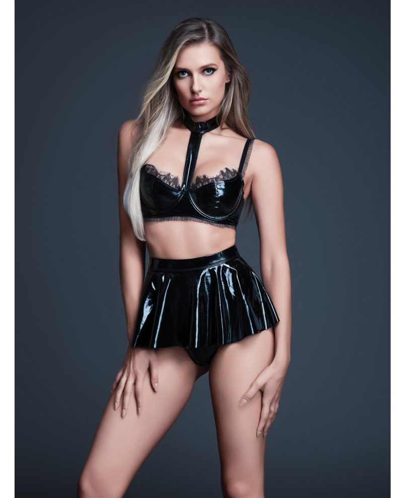 Allure Naughty Nights Latex Look Vinyl and Lace Choker Bra & Mini Skirt 2 pc Set - Black XL
