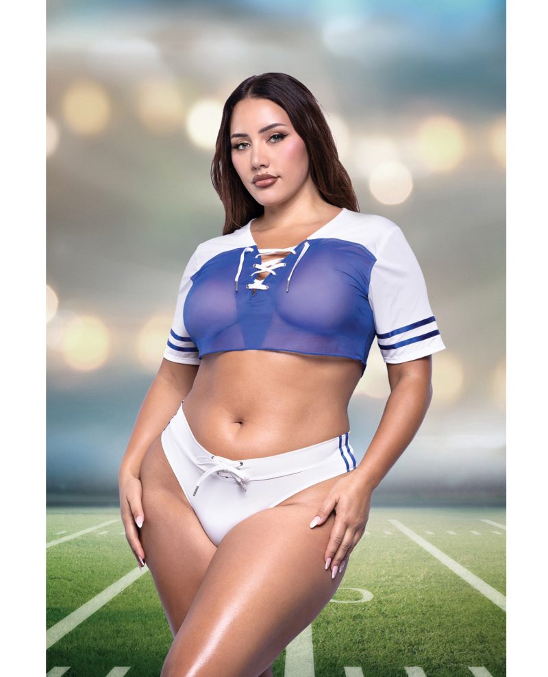 Play The Field Sheer Cropped Jersey w/Lace Up Details & Matching Cheeky Panty - Blue 1X/2X