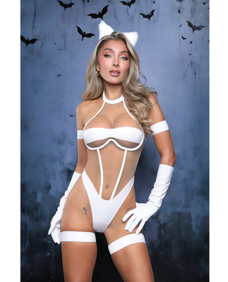 Midnight Purr Sheer Nude Mesh Teddy w/Glove, Armbands, Garters, & Cat Ears - White L/XL