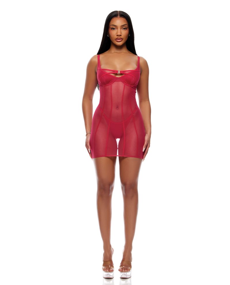 Layers To This Sheer Mesh and Knit Chemise w/Thong 2 pc Set - Pink MD