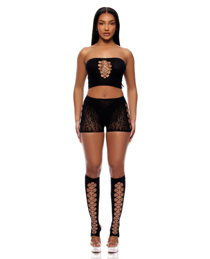 Cross Your Mind Tube Top w/Boy Short & Open Toe Socks Bodystocking - Black QN