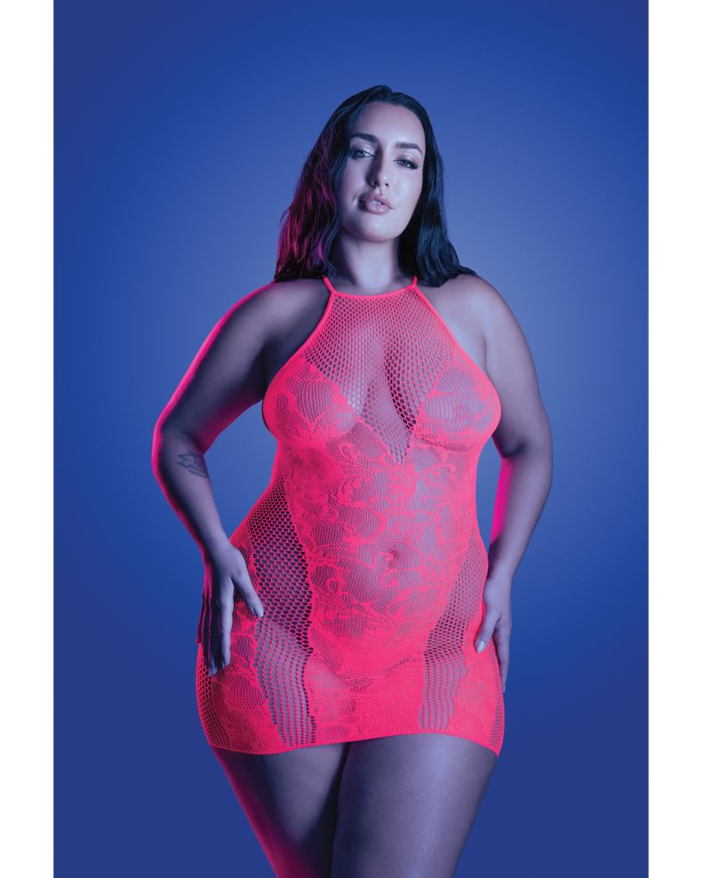 Back It Up Fishnet Halter Dress in Floral Knit - Neon Pink QN