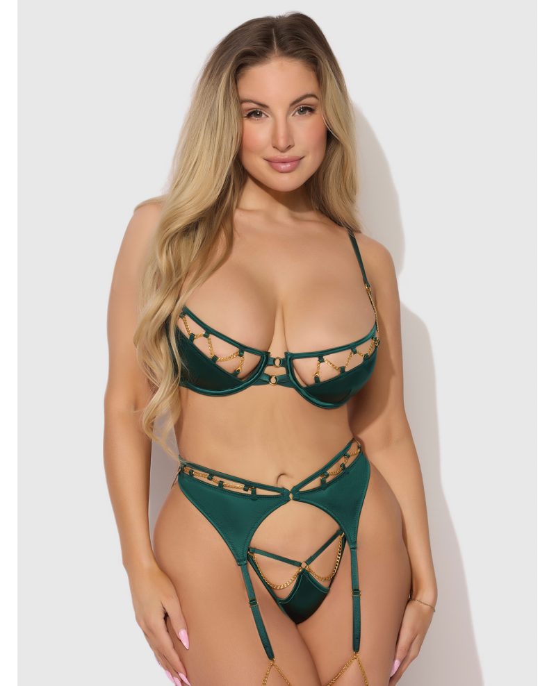 Evangeline Satin & Chain Push Up Bra, Thigh Garter Belt & G-String Set - Green XL