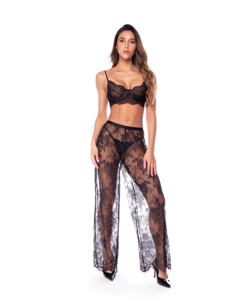 Underwire Lace Bra, Lace Wide Leg Pants, & Thong 3 pc Set - Black LG