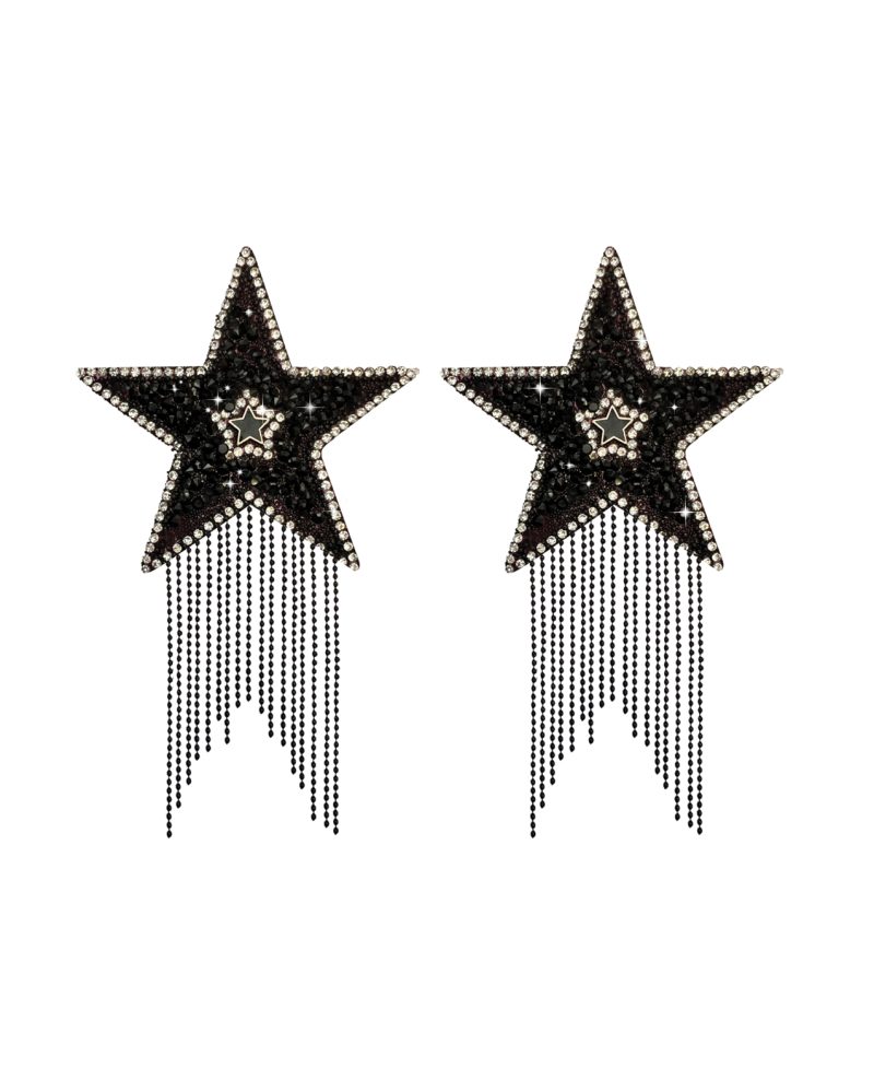 Neva Nude Jewel Crystal Tassel Star Reusable Silicone Pasties - Black O/S