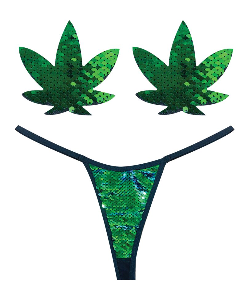 Neva Nude Naughty Knix Weed Leaf Sequin G-String & Pasties - Green O/S