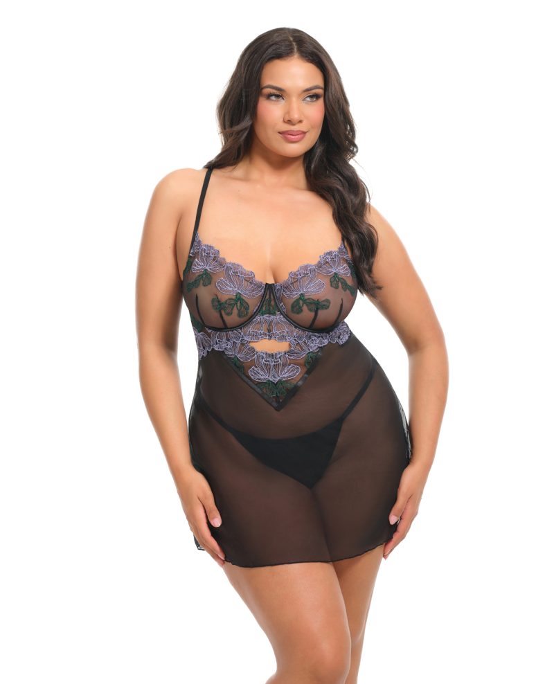 Jenna Floral Embroidered Mesh Unlined Underwire Babydoll w/Keyhole Details & Thong - Purple/Black 1X