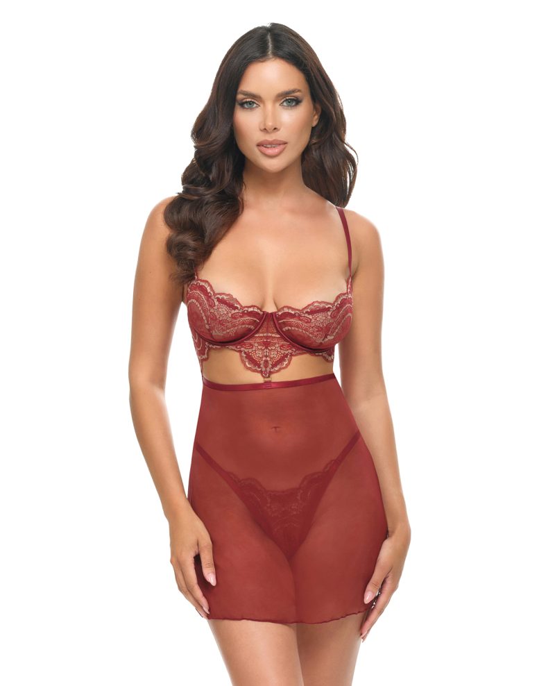 Arielle Unlined Underwire Lace Babydoll w/G-String - Burgundy S/M