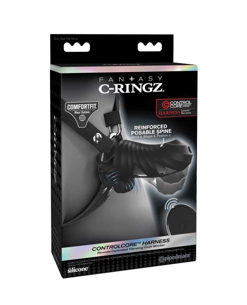 Fantasy C-Ringz Control Core Harness Remote Controlled Vibrating Cock Blocker - Black