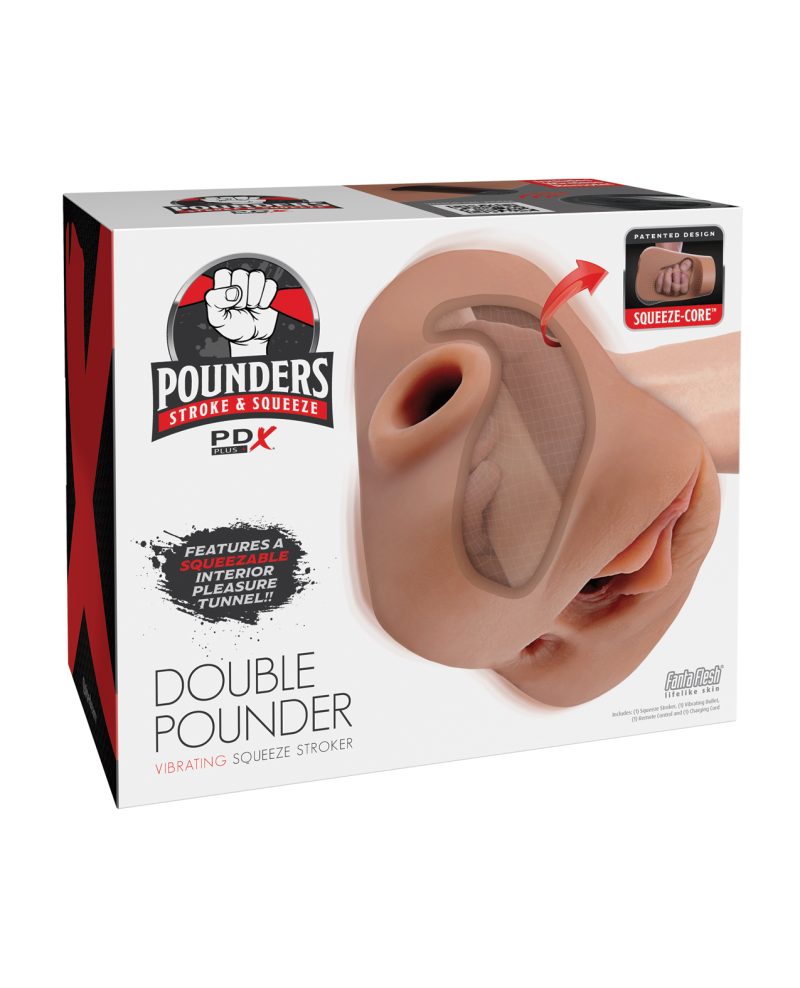PDX Plus Double Pounder Vibrating Squeeze Stroker - Brown