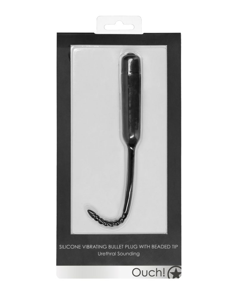 Shots Ouch Urethral Sounding Silicone Vibrating Bullet Plug w/Beaded Tip - Black
