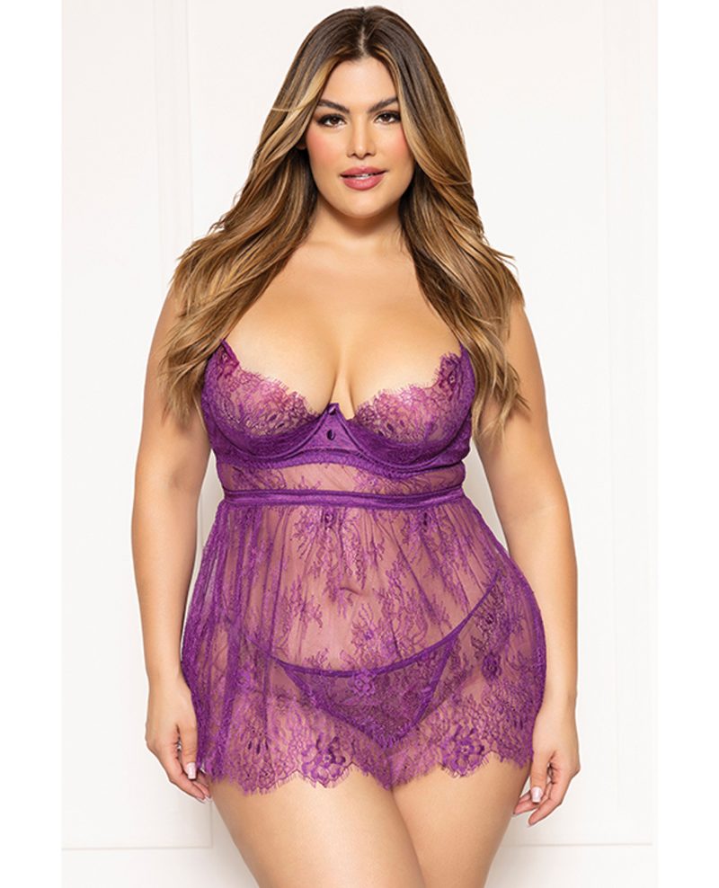 Floral Eyelash Lace Underwire Babydoll w/Thong 2 pc Set - Purple 1X/2X