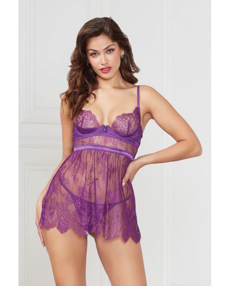 Floral Eyelash Lace Underwire Babydoll w/Thong 2 pc Set - Purple XL